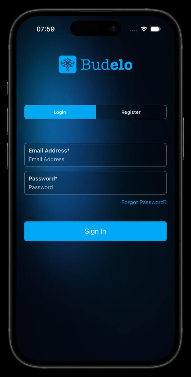Budelo App Login Screen on an iPhone