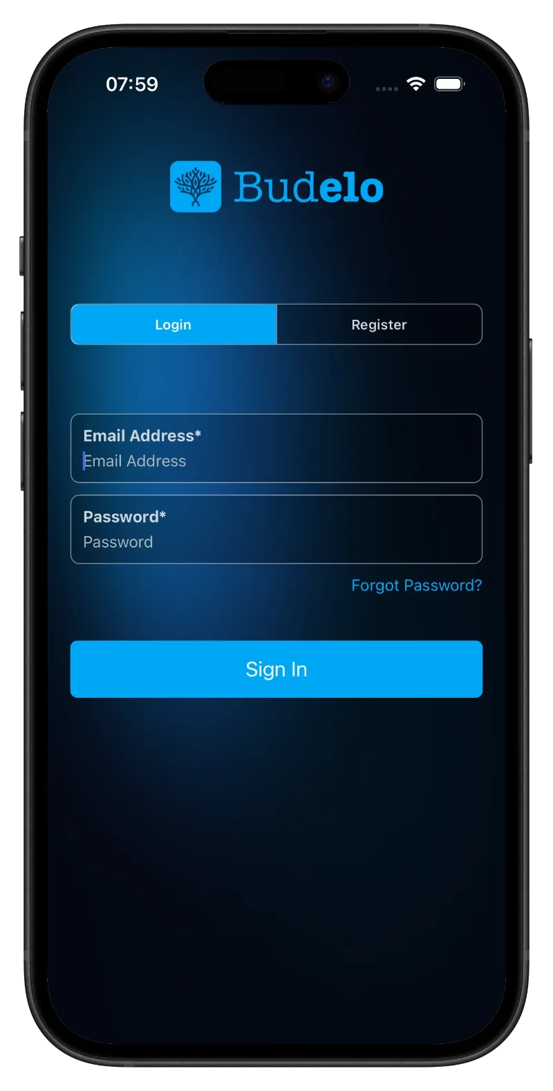 Budelo App Login Screen on an iPhone